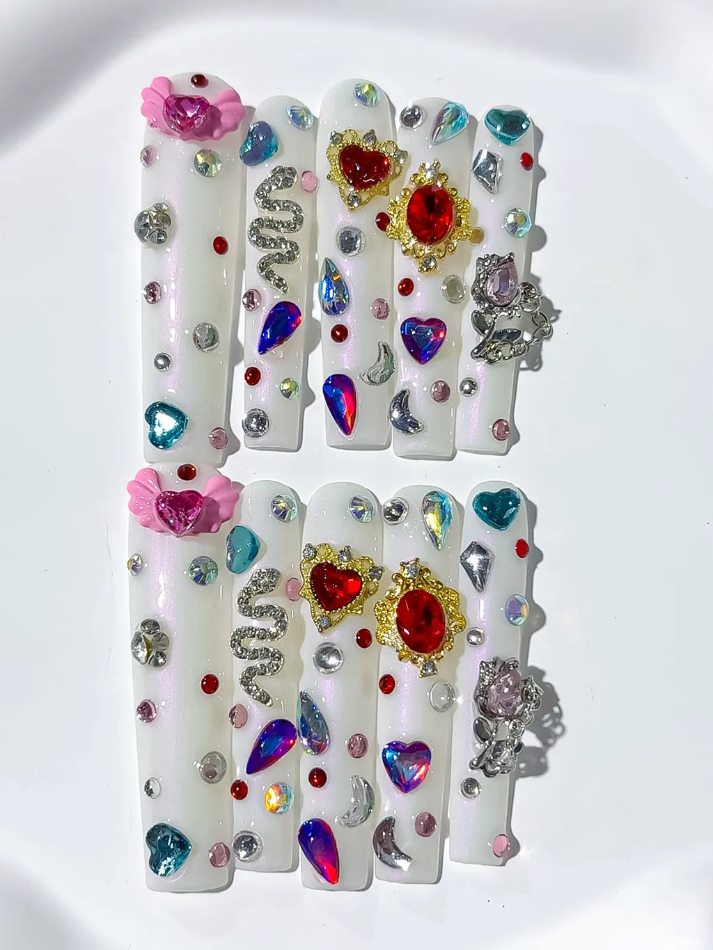 M075 - Long White Multicolor Square Abstract Flower Rhinestone