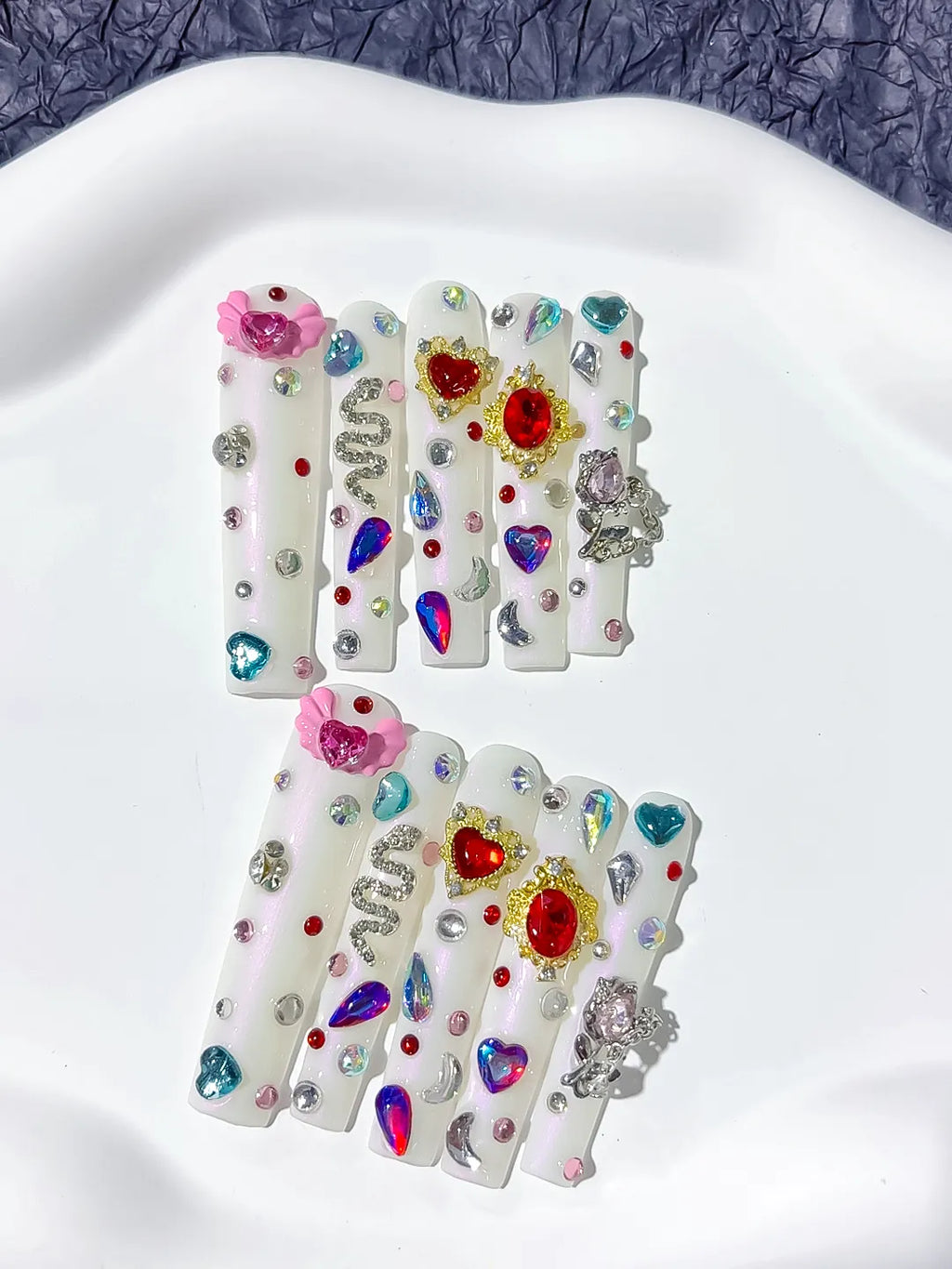 M075 - Long White Multicolor Square Abstract Flower Rhinestone