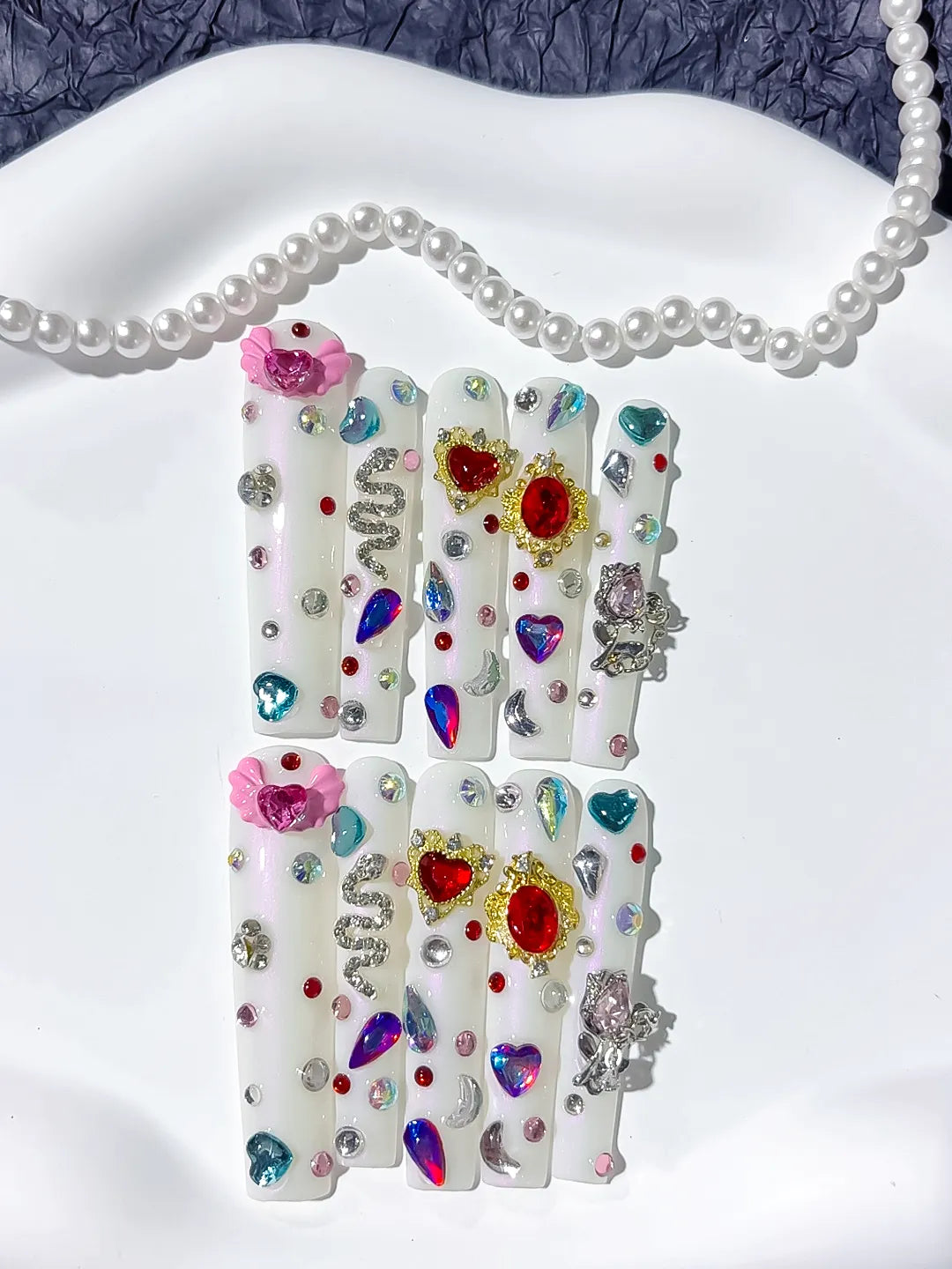 M075 - Long White Multicolor Square Abstract Flower Rhinestone