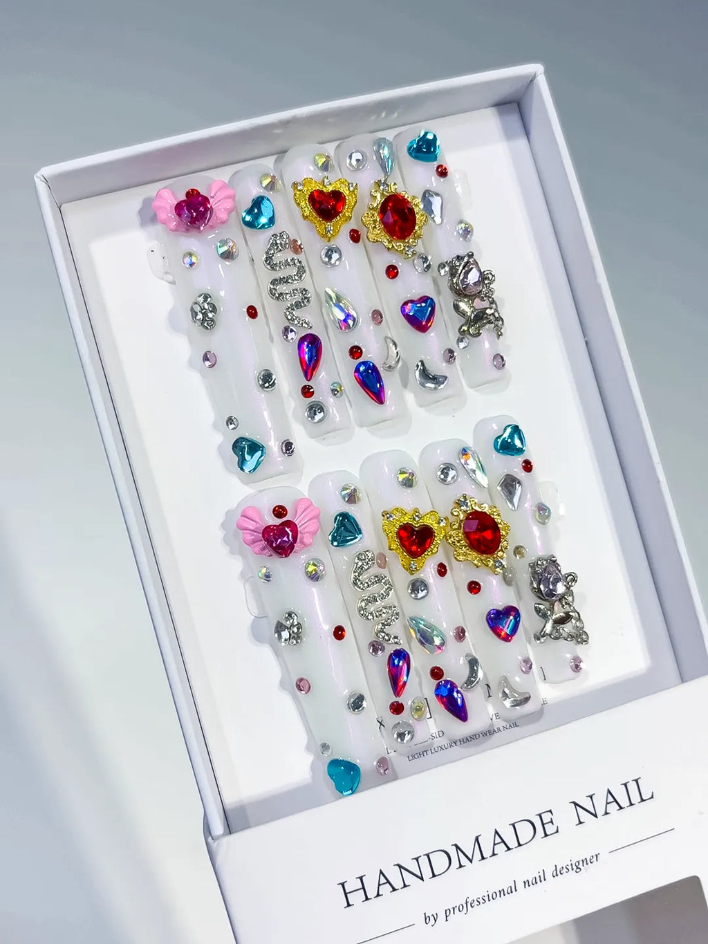 M075 - Long White Multicolor Square Abstract Flower Rhinestone