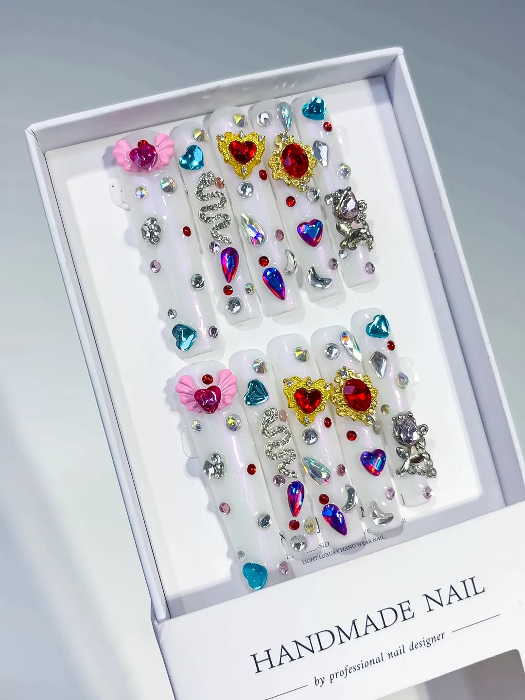 M075 - Long White Multicolor Square Abstract Flower Rhinestone