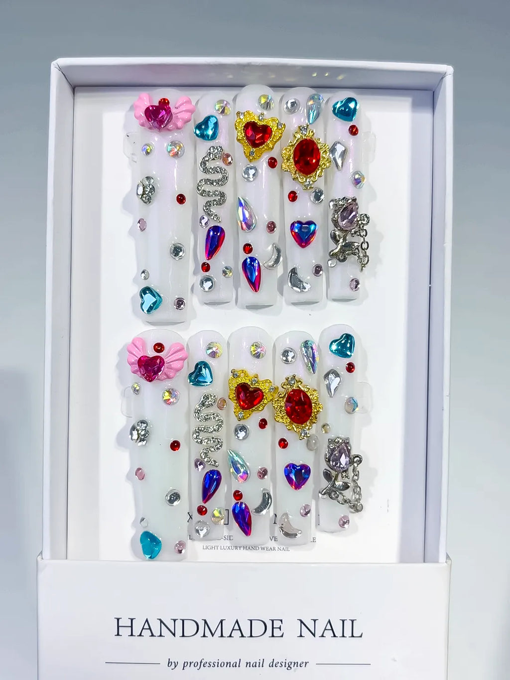 M075 - Long White Multicolor Square Abstract Flower Rhinestone