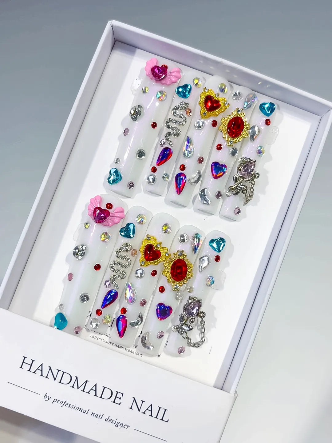 M075 - Long White Multicolor Square Abstract Flower Rhinestone