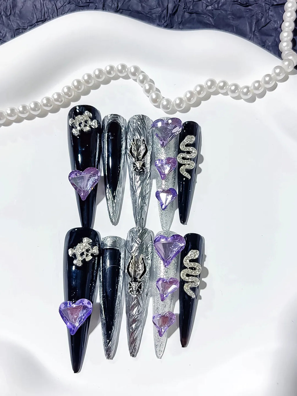 M076 - Long Black Silver Stiletto Abstract Swirl Rhinestone