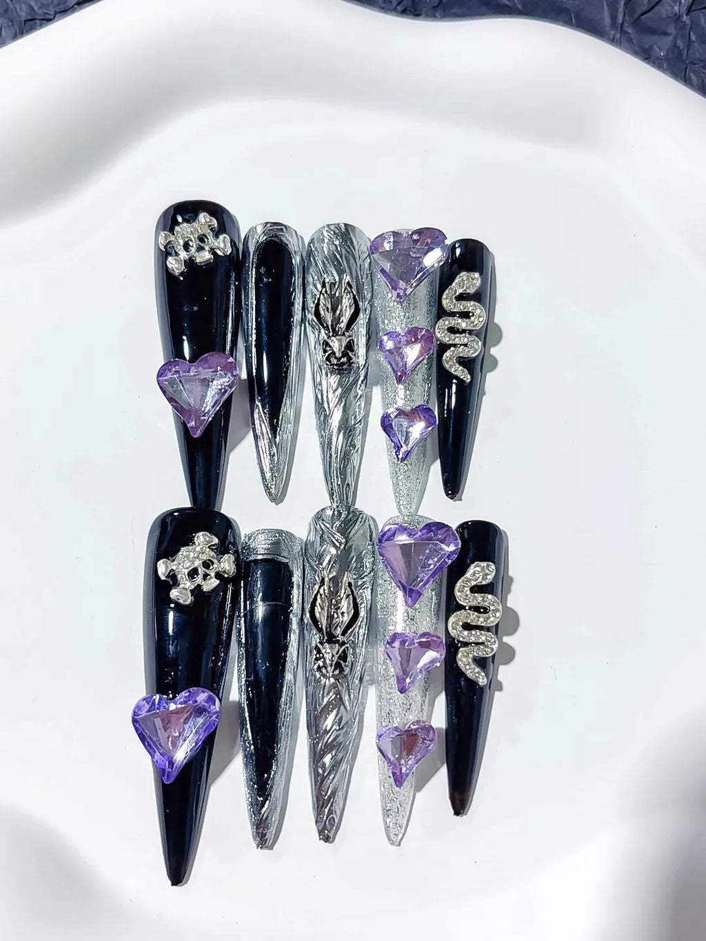 M076 - Long Black Silver Stiletto Abstract Swirl Rhinestone