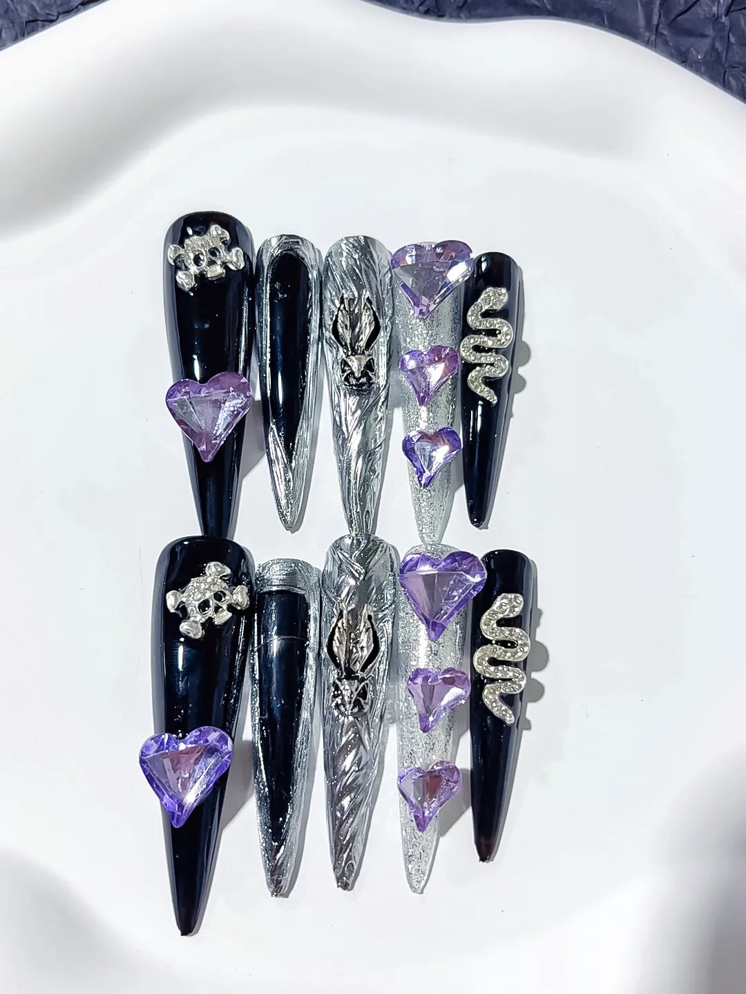 M076 - Long Black Silver Stiletto Abstract Swirl Rhinestone