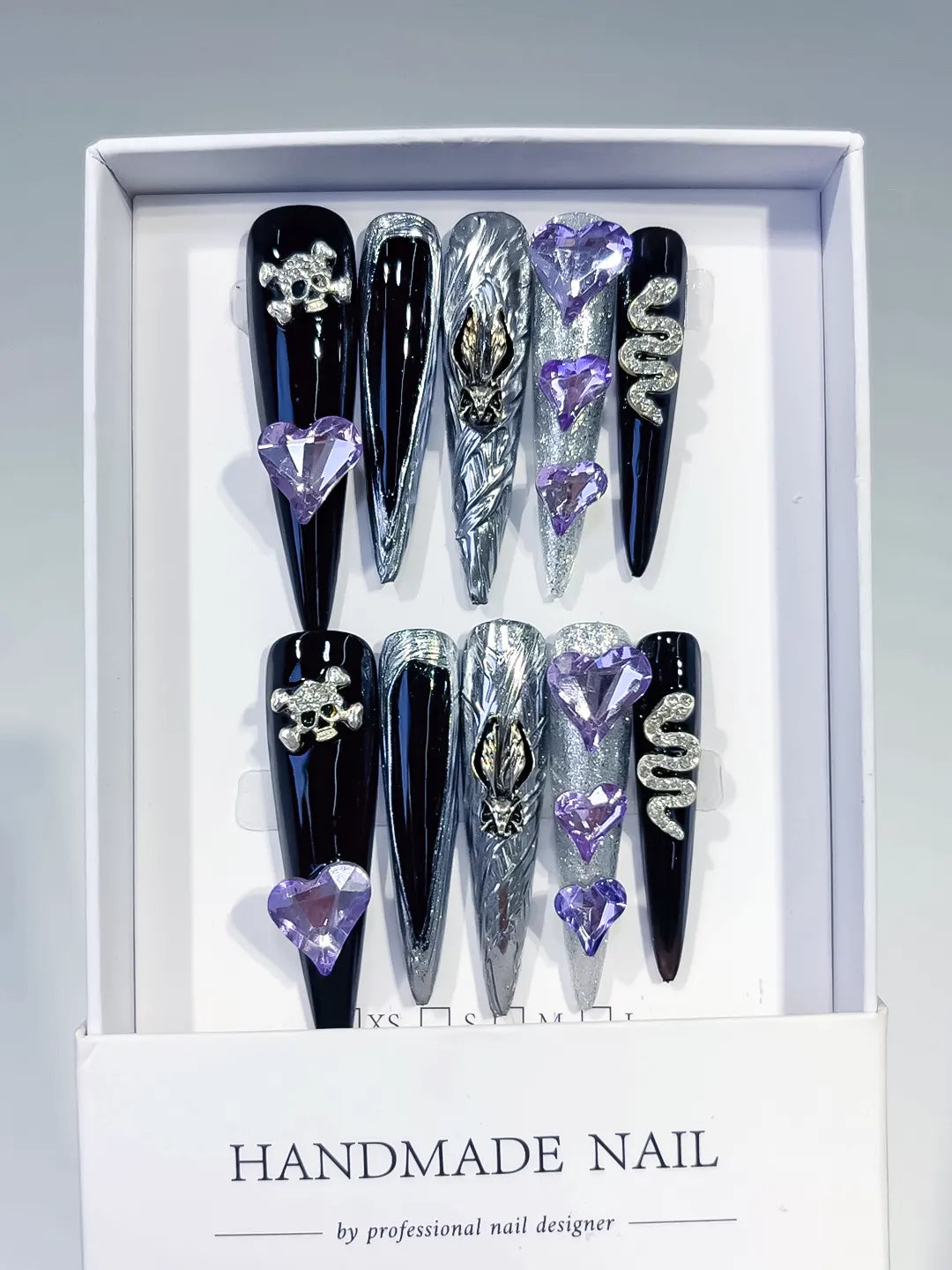M076 - Long Black Silver Stiletto Abstract Swirl Rhinestone