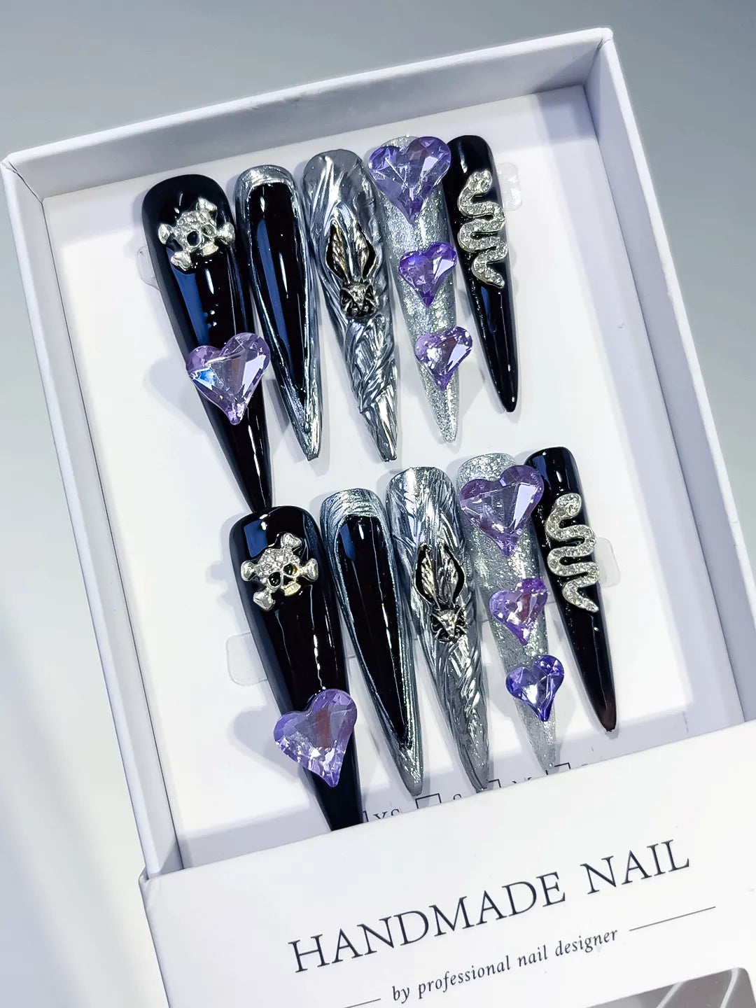 M076 - Long Black Silver Stiletto Abstract Swirl Rhinestone