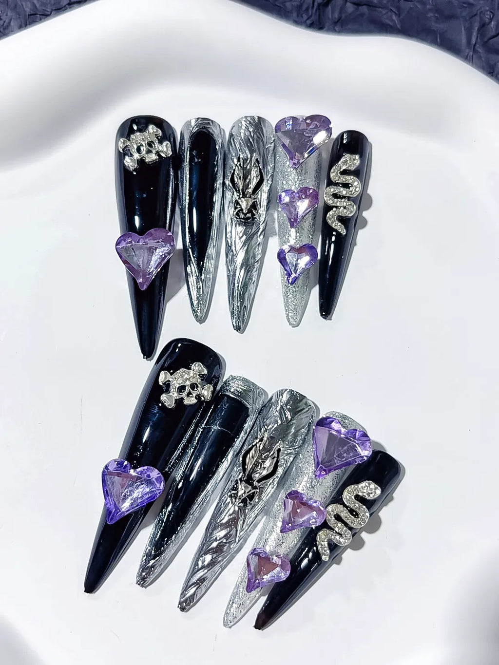 M076 - Long Black Silver Stiletto Abstract Swirl Rhinestone