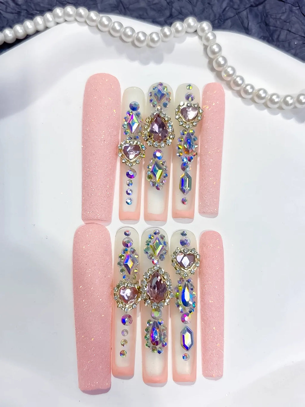 M078 - Long Pink Silver Square Solid color Rhinestone Crystal Cluster