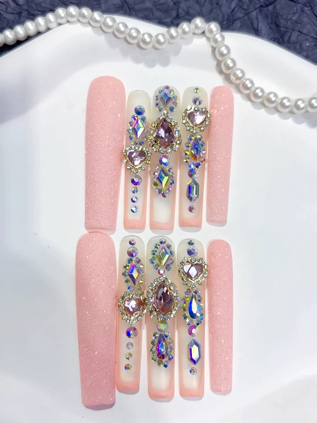 M078 - Long Pink Silver Square Solid color Rhinestone Crystal Cluster