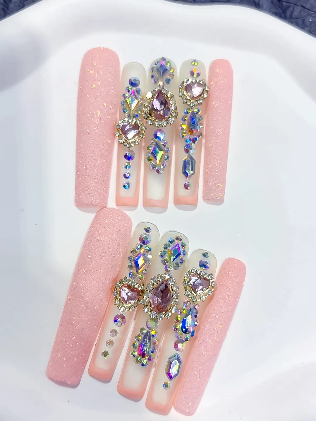 M078 - Long Pink Silver Square Solid color Rhinestone Crystal Cluster