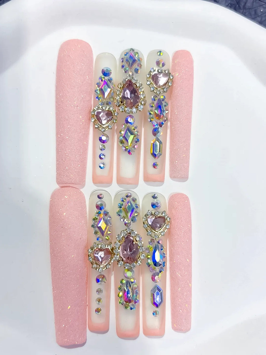 M078 - Long Pink Silver Square Solid color Rhinestone Crystal Cluster