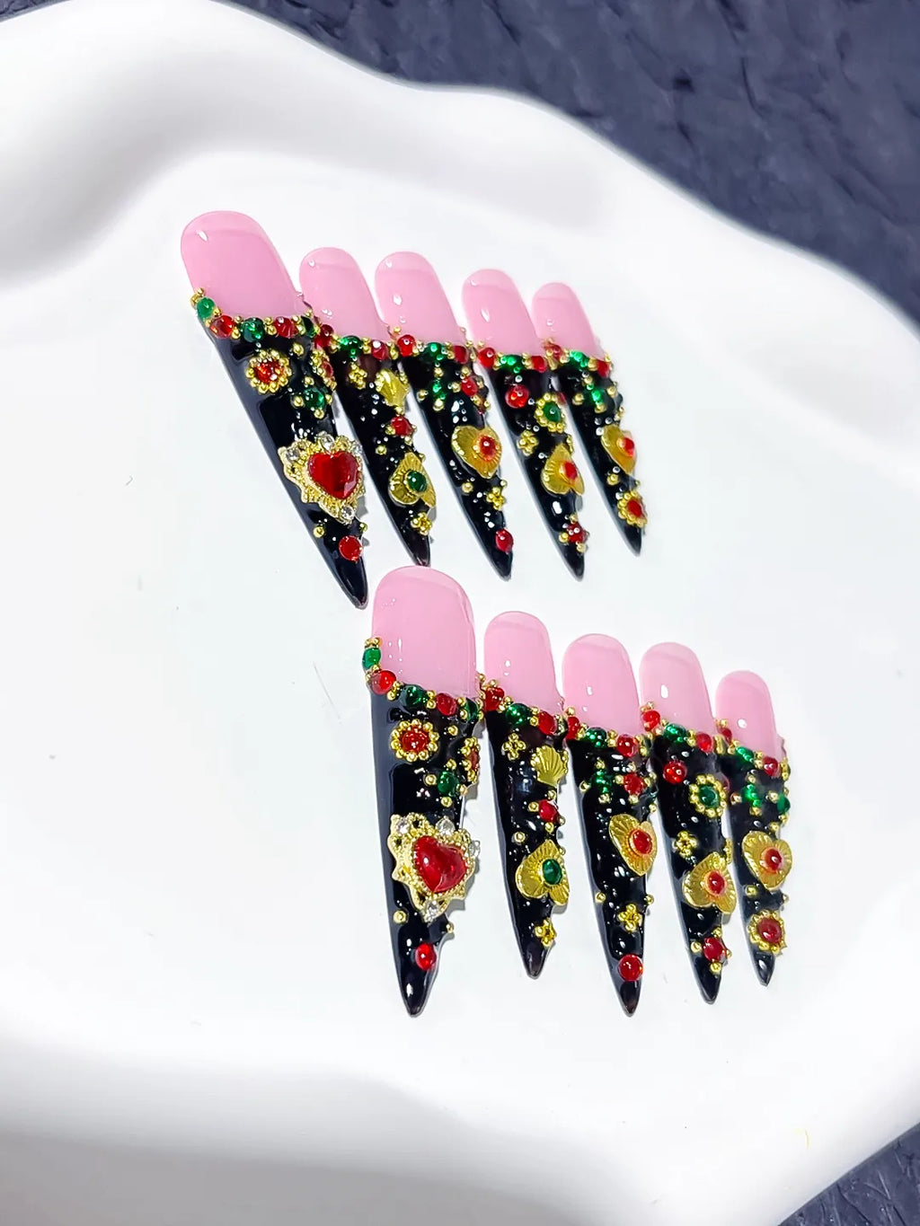 M080 - Long Black Pink Stiletto Abstract Flower 3D