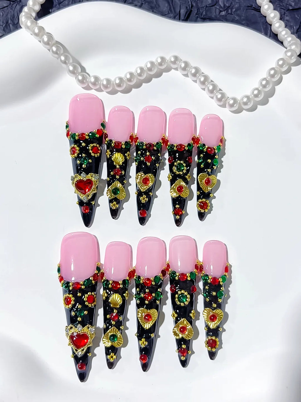 M080 - Long Black Pink Stiletto Abstract Flower 3D
