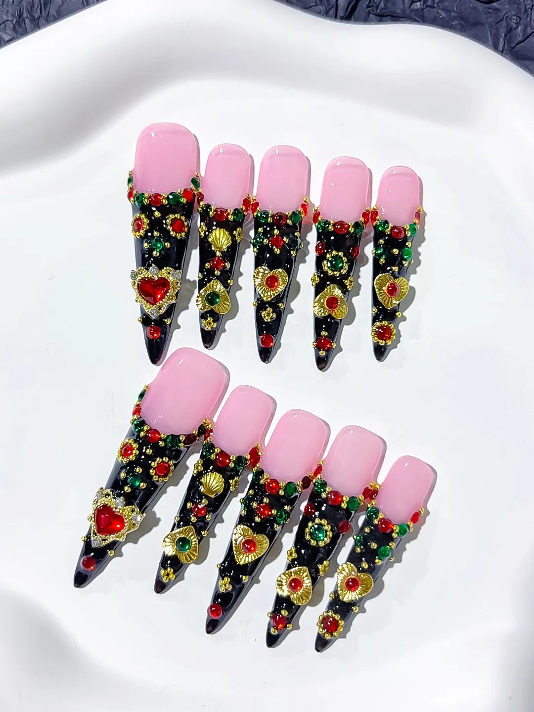 M080 - Long Black Pink Stiletto Abstract Flower 3D