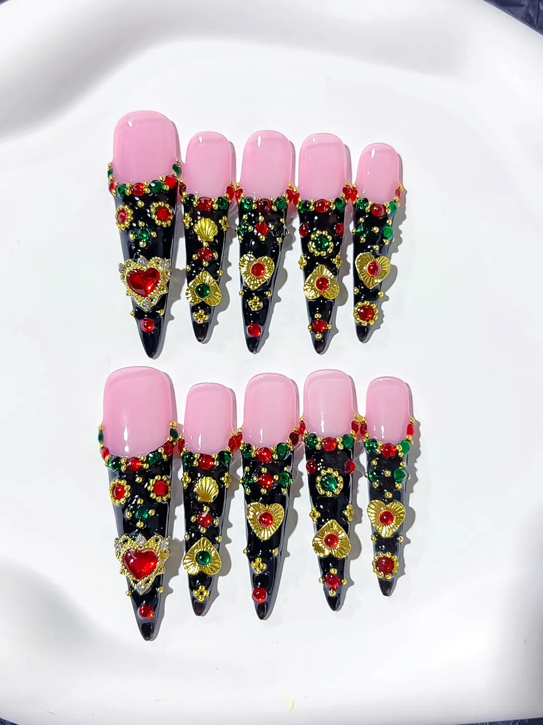 M080 - Long Black Pink Stiletto Abstract Flower 3D