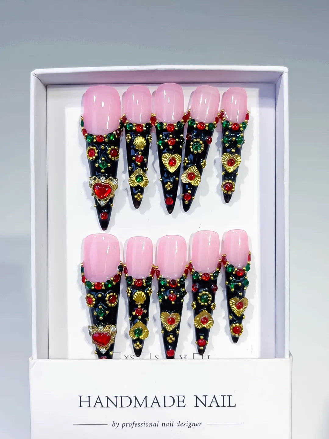 M080 - Long Black Pink Stiletto Abstract Flower 3D