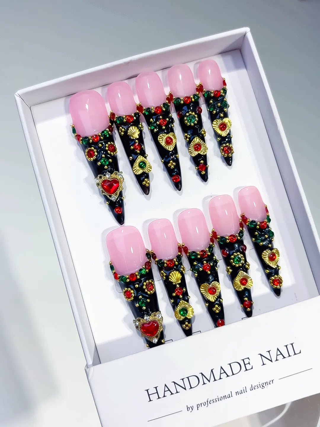 M080 - Long Black Pink Stiletto Abstract Flower 3D