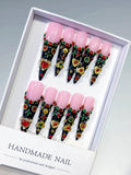 M080 - Long Black Pink Stiletto Abstract Flower 3D