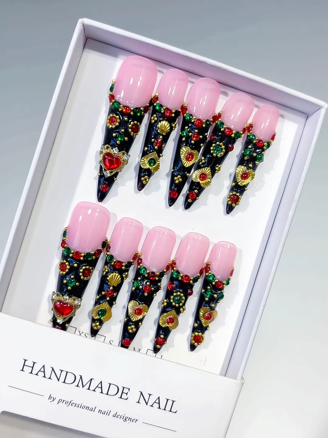 M080 - Long Black Pink Stiletto Abstract Flower 3D