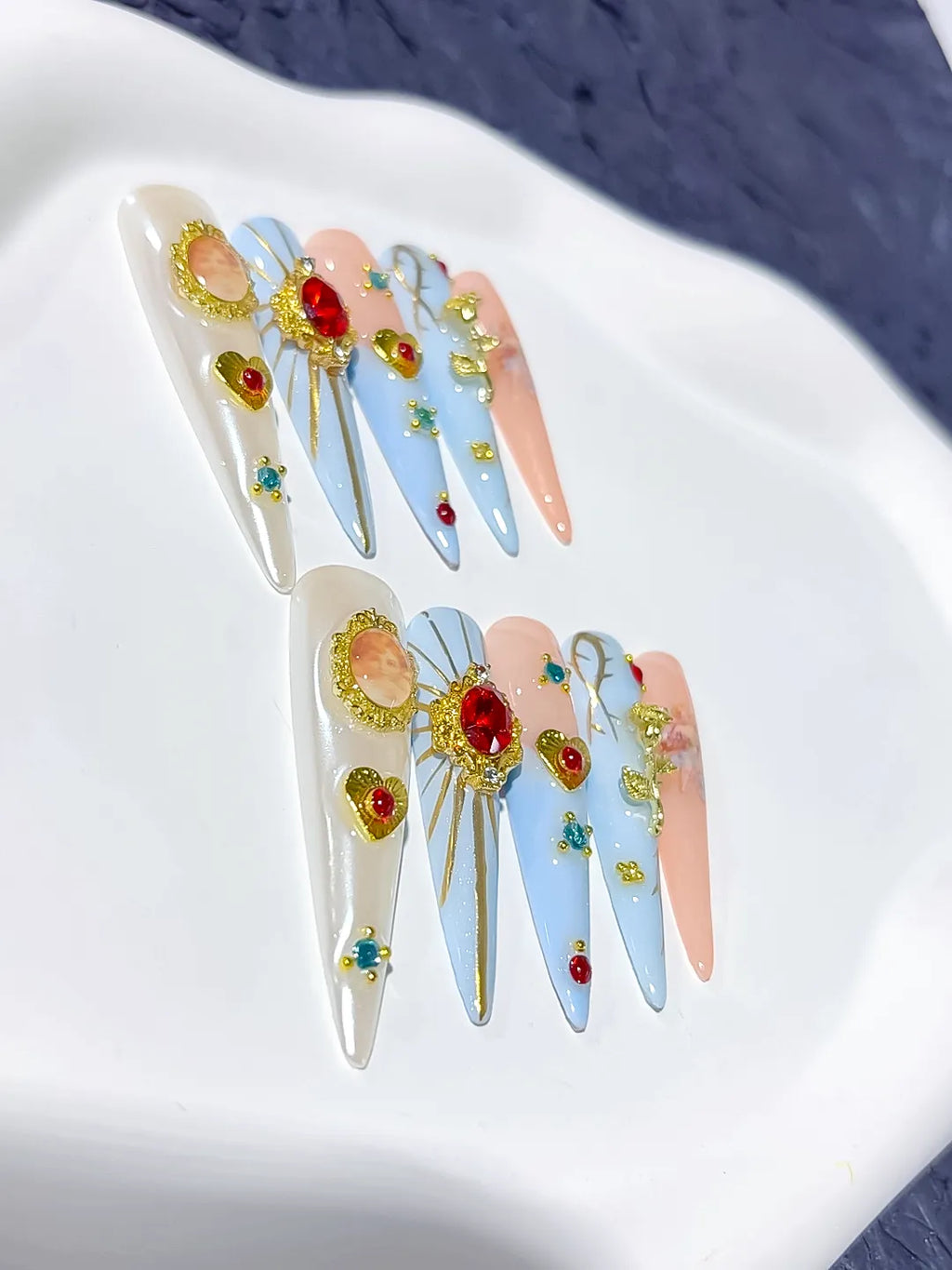M081 - Long Nude White Stiletto Abstract Flower 3D