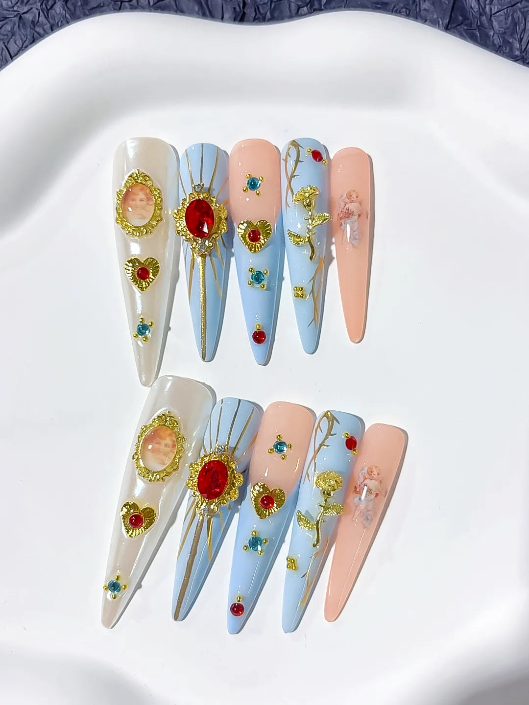 M081 - Long Nude White Stiletto Abstract Flower 3D