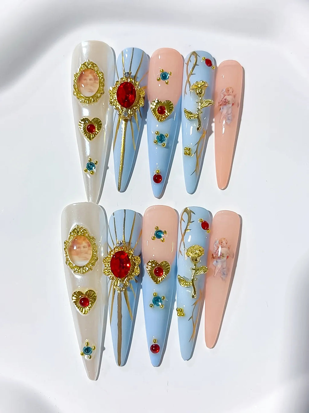 M081 - Long Nude White Stiletto Abstract Flower 3D