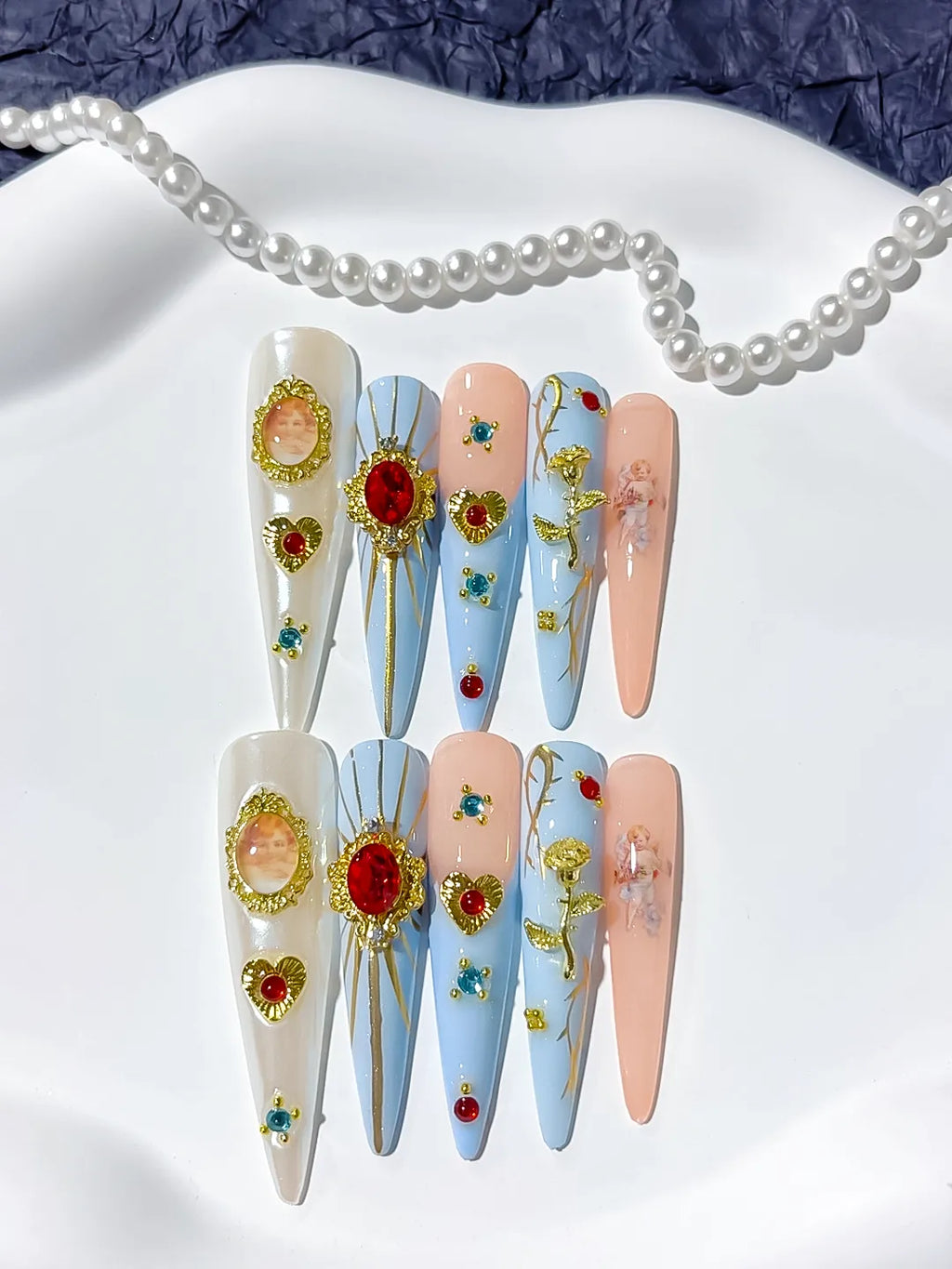 M081 - Long Nude White Stiletto Abstract Flower 3D