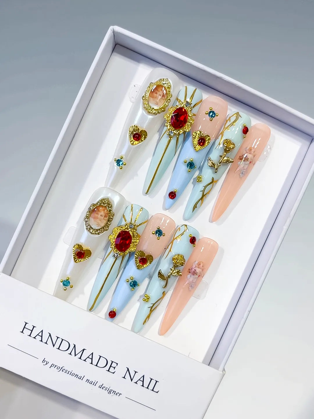 M081 - Long Nude White Stiletto Abstract Flower 3D
