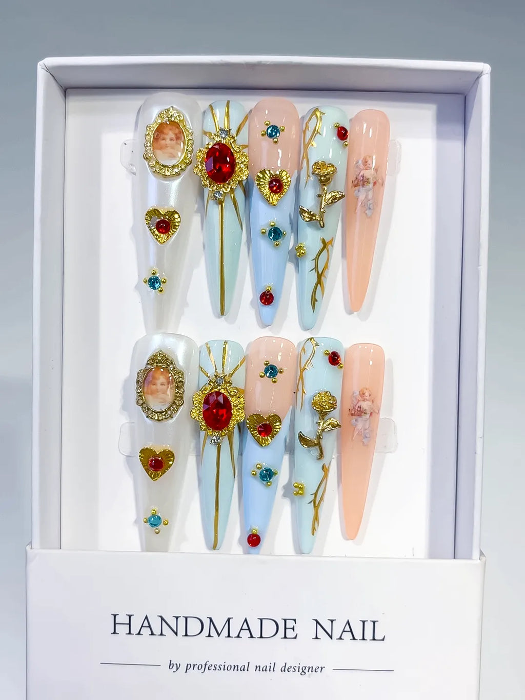 M081 - Long Nude White Stiletto Abstract Flower 3D
