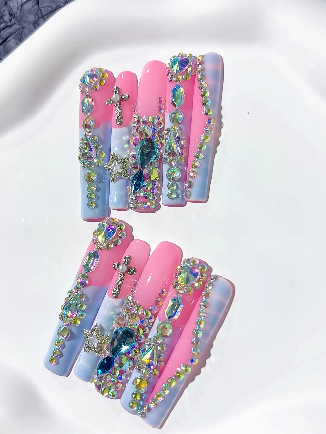 M084 - Long Pink Silver Square Solid color Flower Crystal Cluster