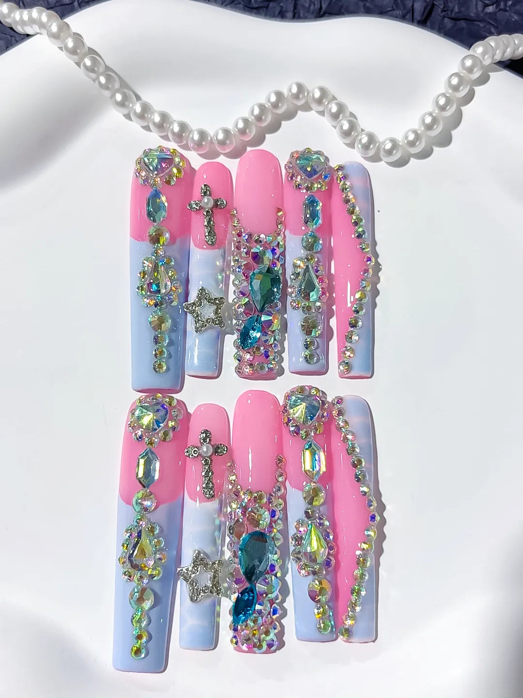 M084 - Long Pink Silver Square Solid color Flower Crystal Cluster