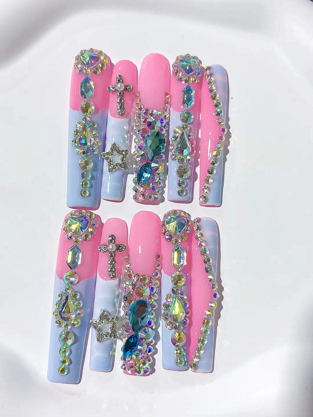 M084 - Long Pink Silver Square Solid color Flower Crystal Cluster