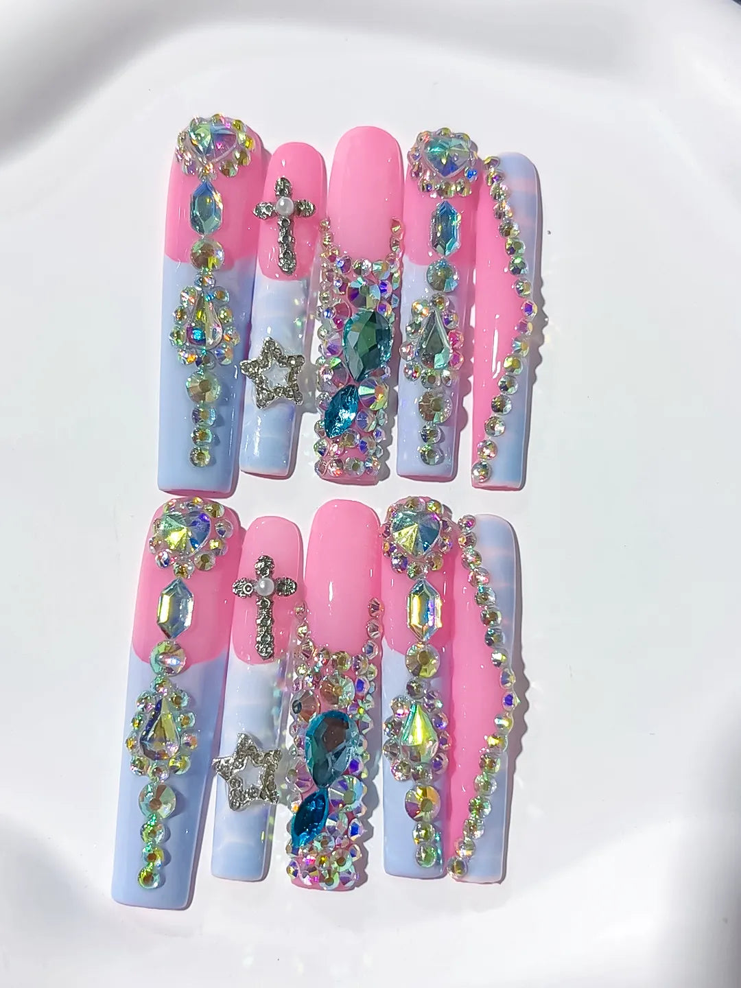 M084 - Long Pink Silver Square Solid color Flower Crystal Cluster
