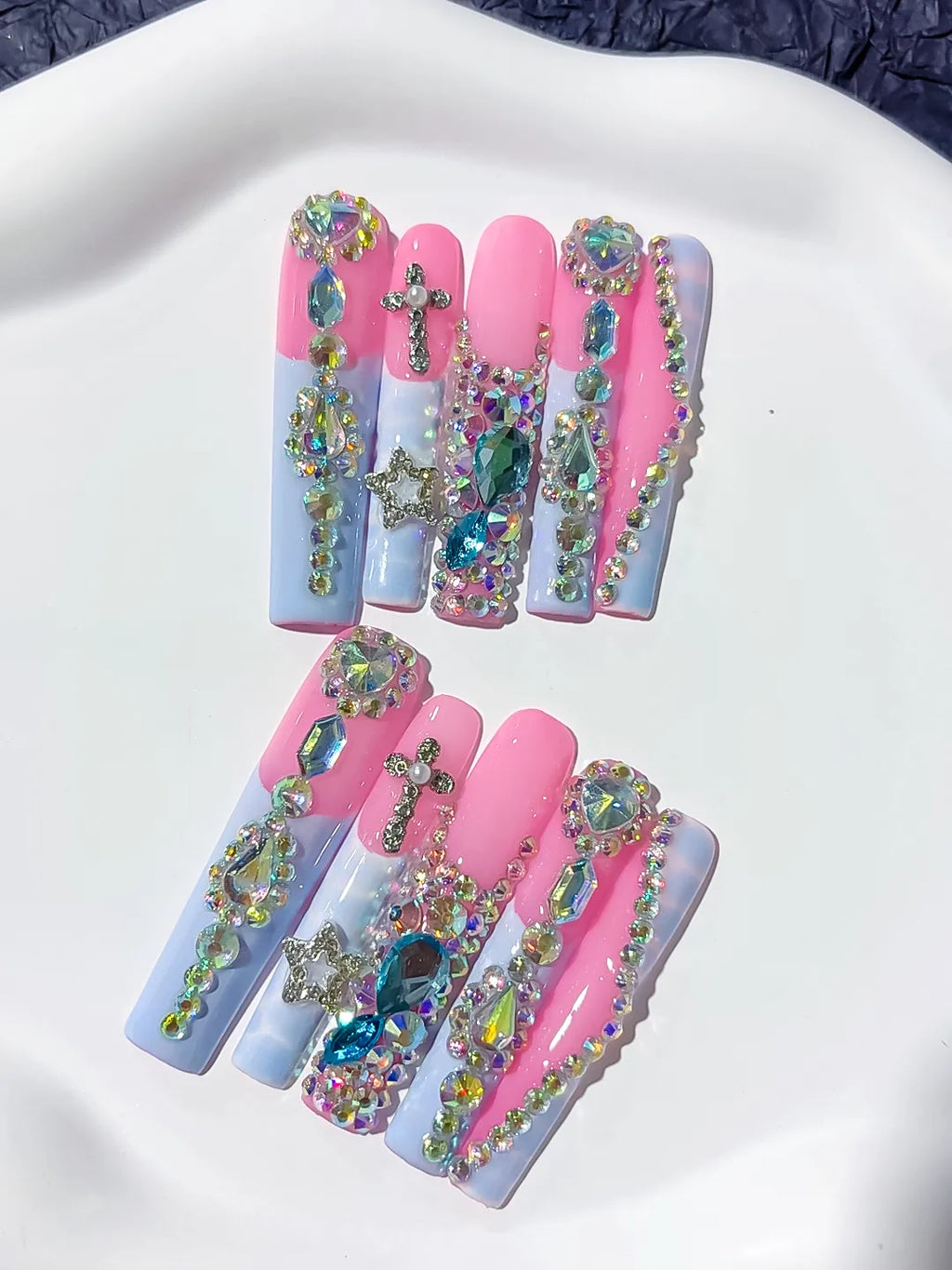 M084 - Long Pink Silver Square Solid color Flower Crystal Cluster