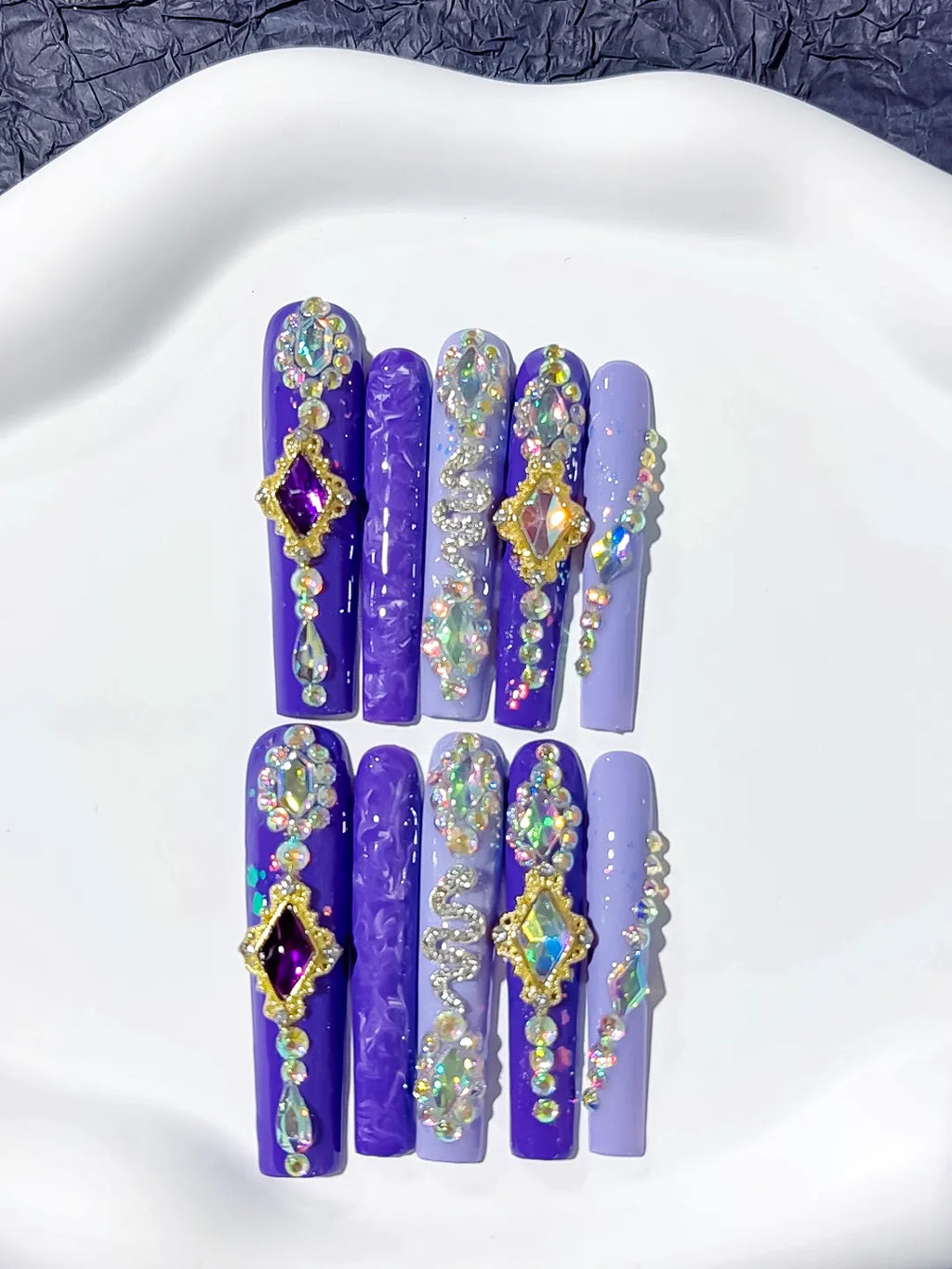 M085 - Long Purple Gold Square Solid color Star Rhinestone