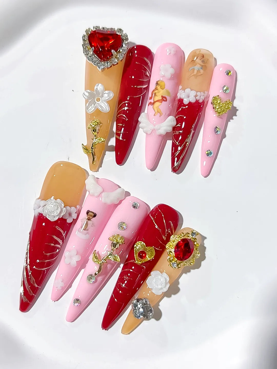 M087 - Long Red Gold Stiletto Solid color Flower Rhinestone