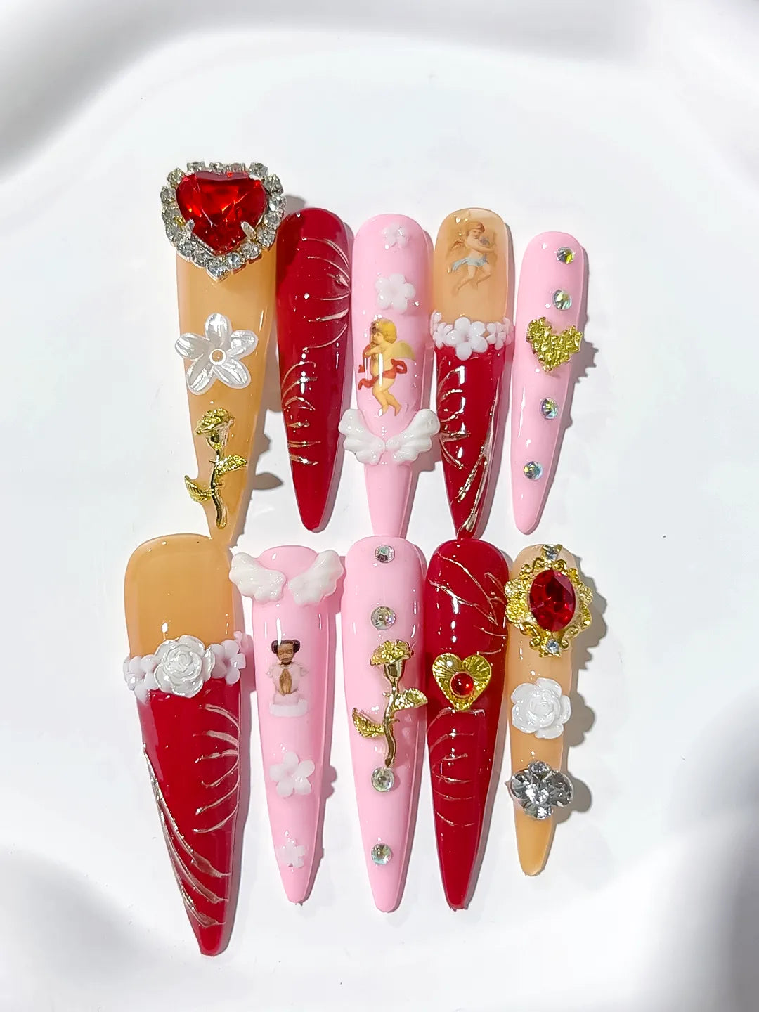 M087 - Long Red Gold Stiletto Solid color Flower Rhinestone