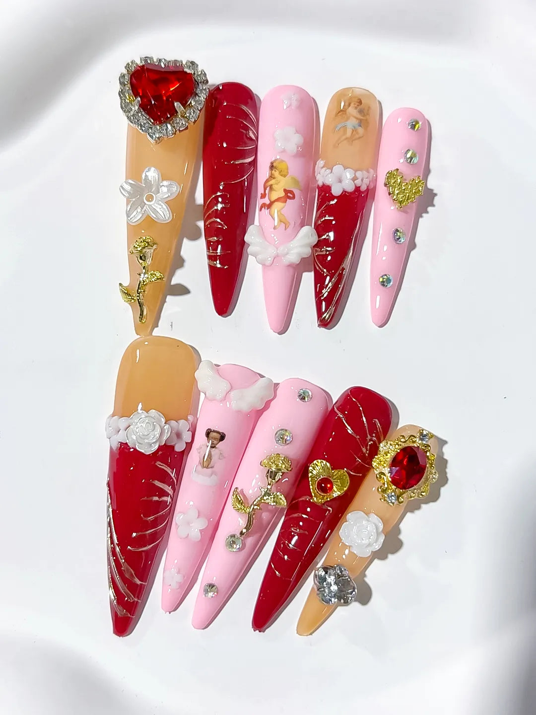 M087 - Long Red Gold Stiletto Solid color Flower Rhinestone