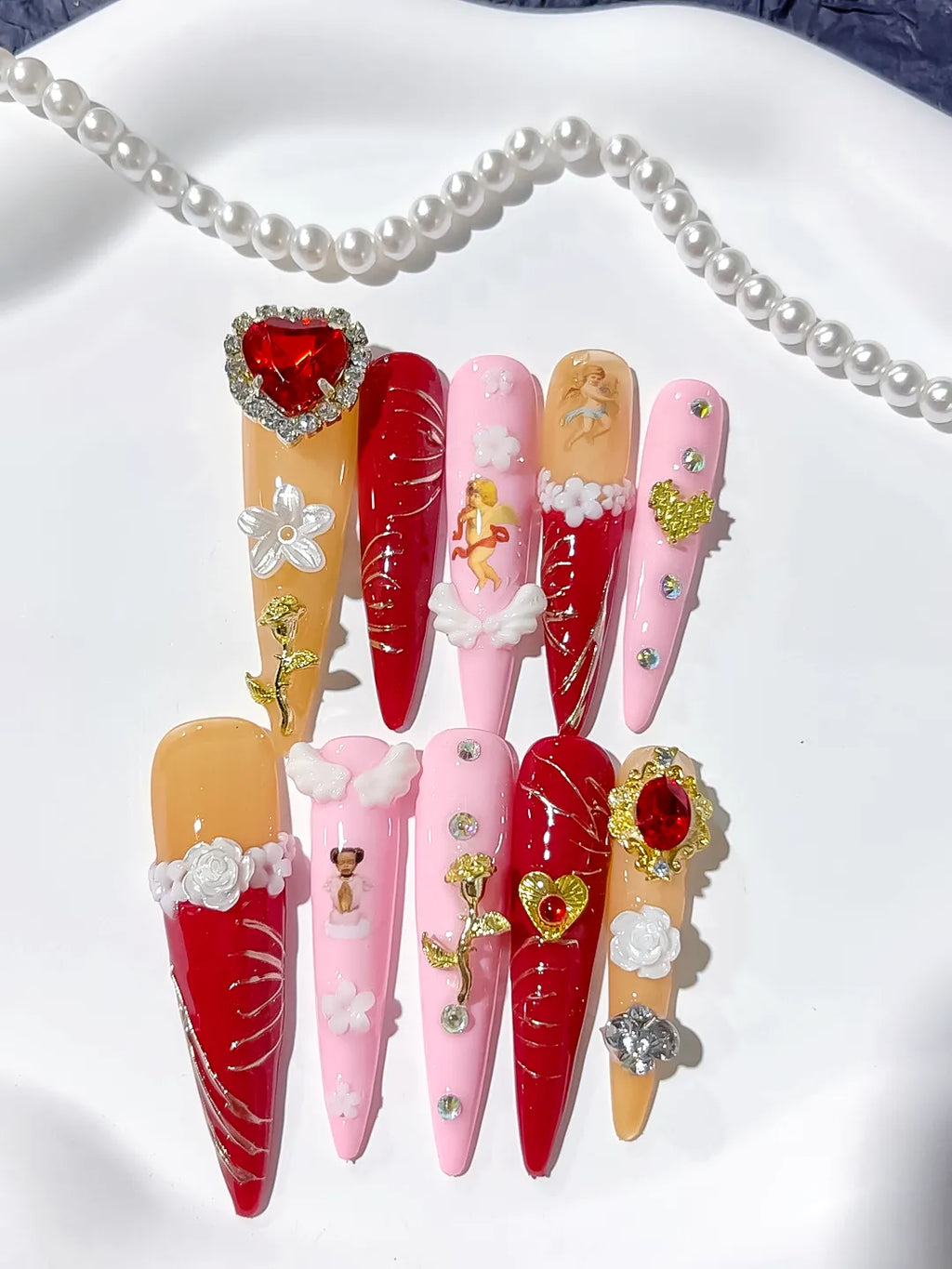 M087 - Long Red Gold Stiletto Solid color Flower Rhinestone