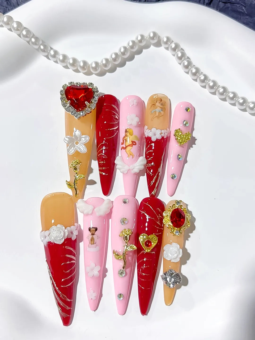 M087 - Long Red Gold Stiletto Solid color Flower Rhinestone