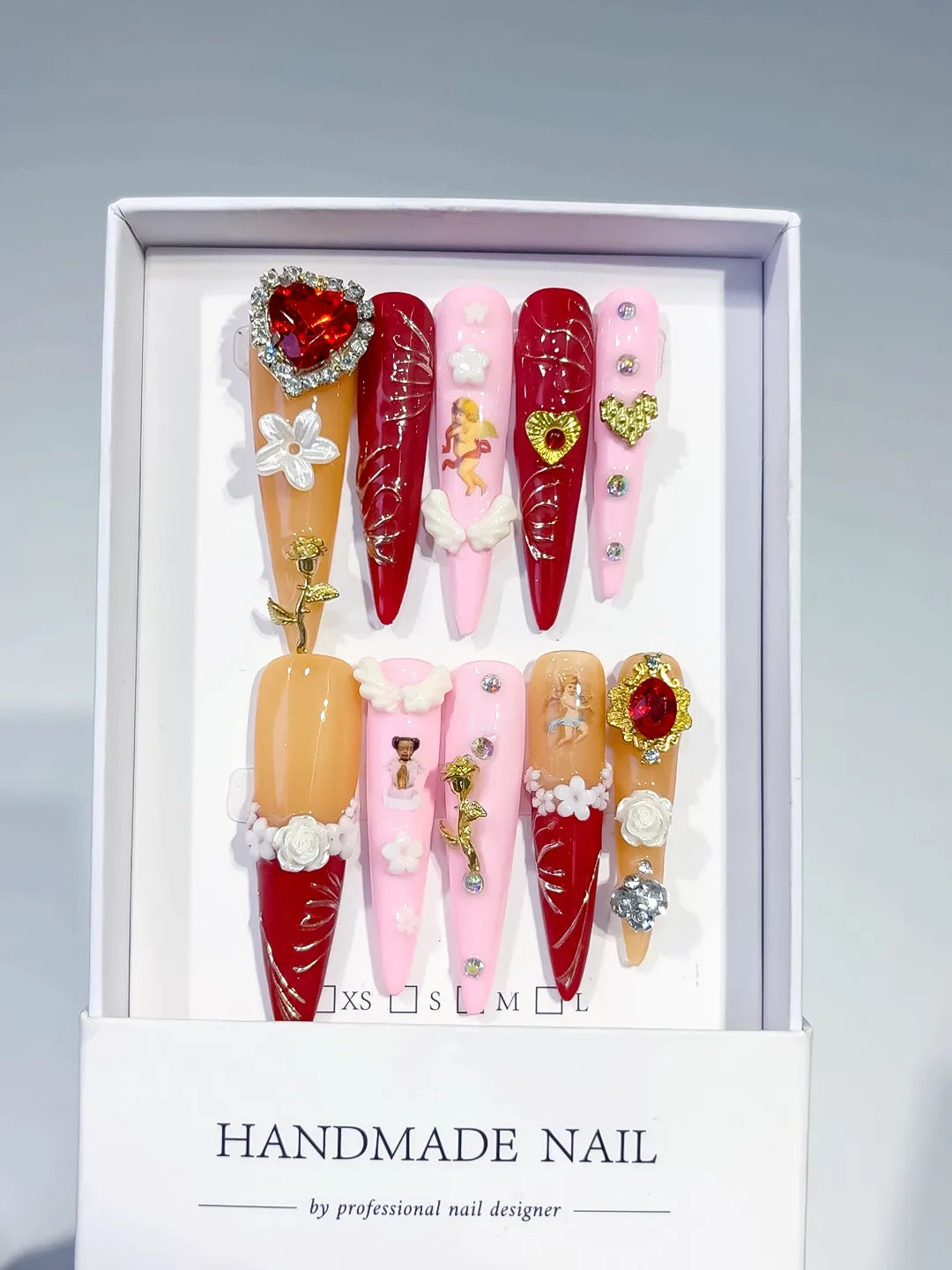 M087 - Long Red Gold Stiletto Solid color Flower Rhinestone