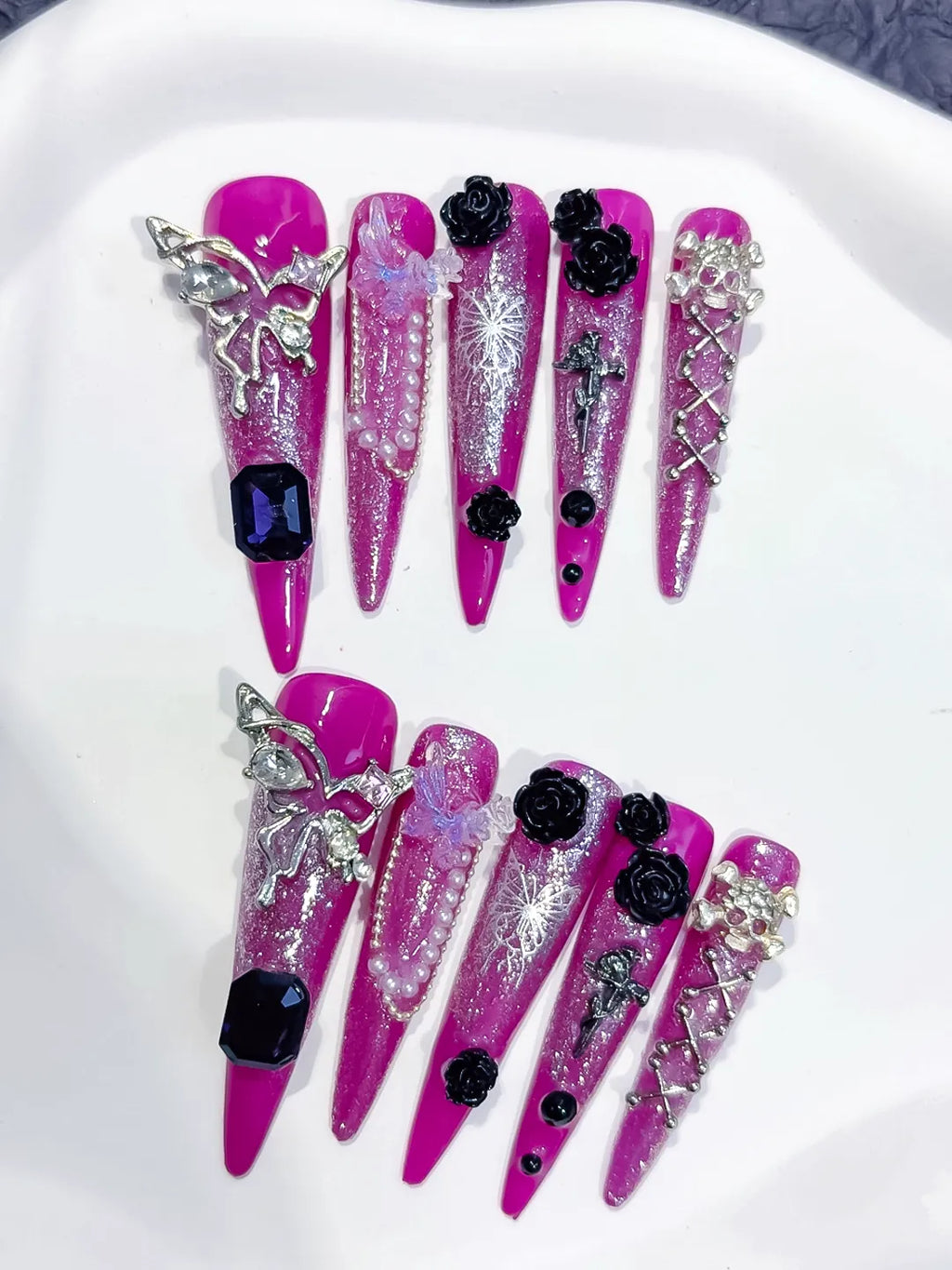 M088 - Long Purple Silver Stiletto Metallic Rhinestone Crystal Cluster