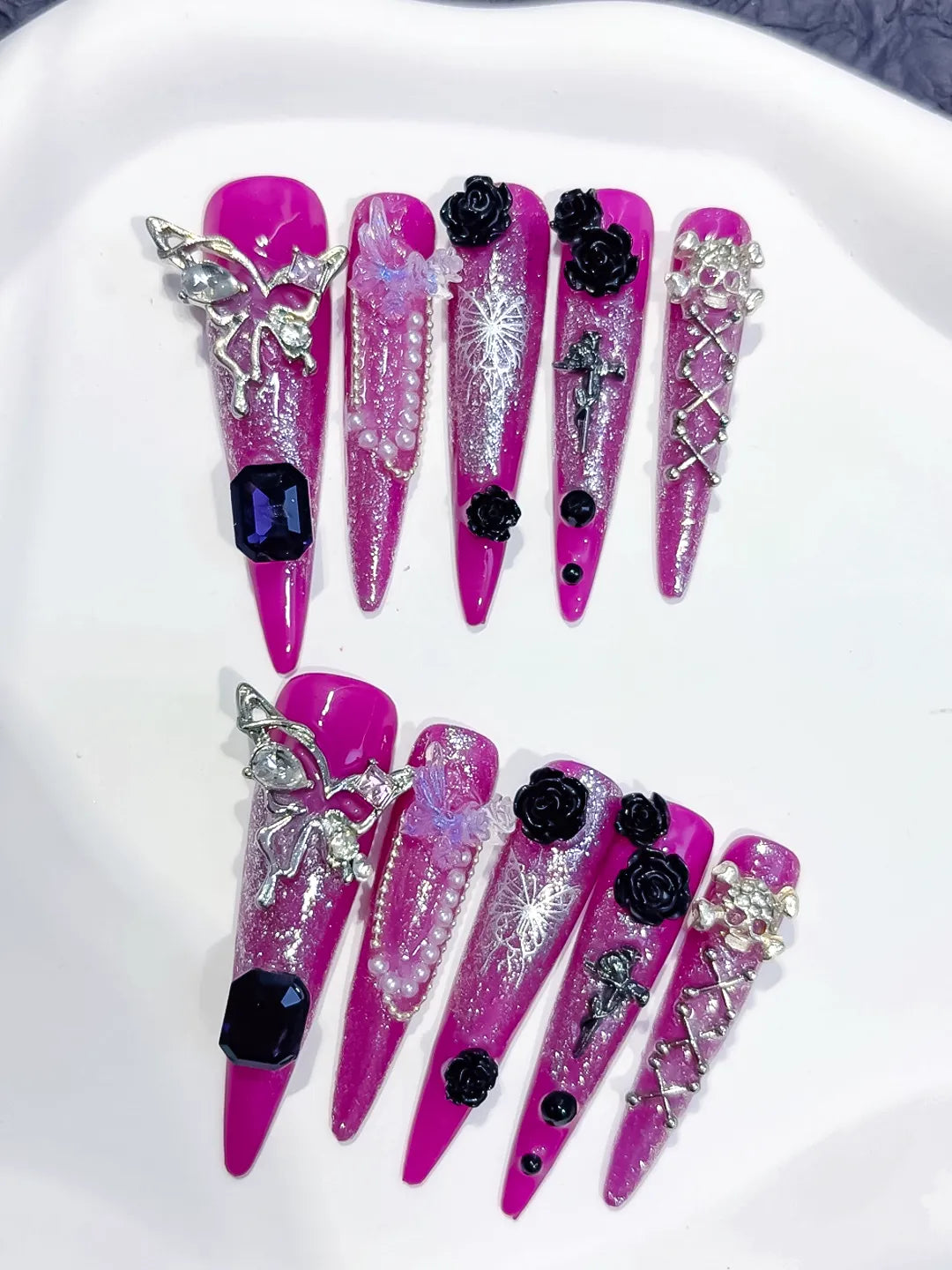 M088 - Long Purple Silver Stiletto Metallic Rhinestone Crystal Cluster