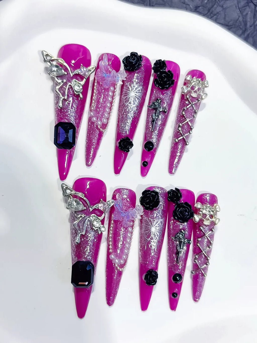 M088 - Long Purple Silver Stiletto Metallic Rhinestone Crystal Cluster