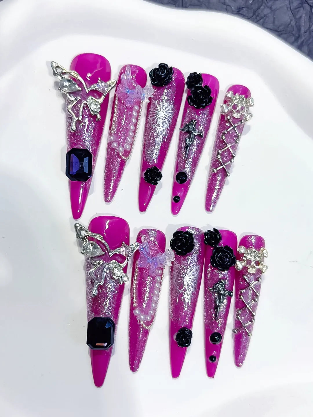 M088 - Long Purple Silver Stiletto Metallic Rhinestone Crystal Cluster