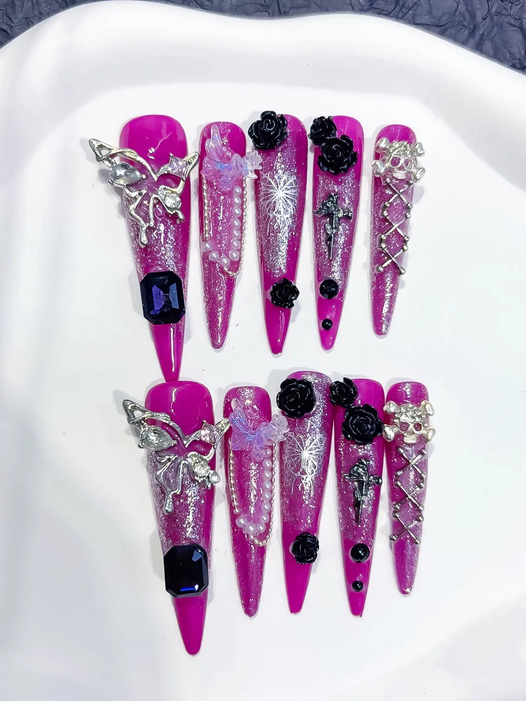 M088 - Long Purple Silver Stiletto Metallic Rhinestone Crystal Cluster