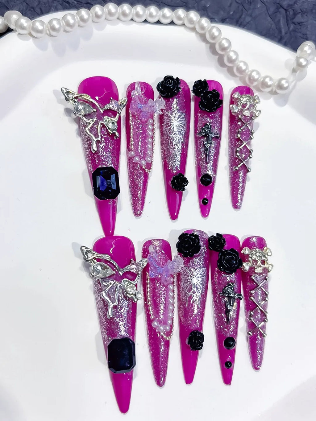 M088 - Long Purple Silver Stiletto Metallic Rhinestone Crystal Cluster