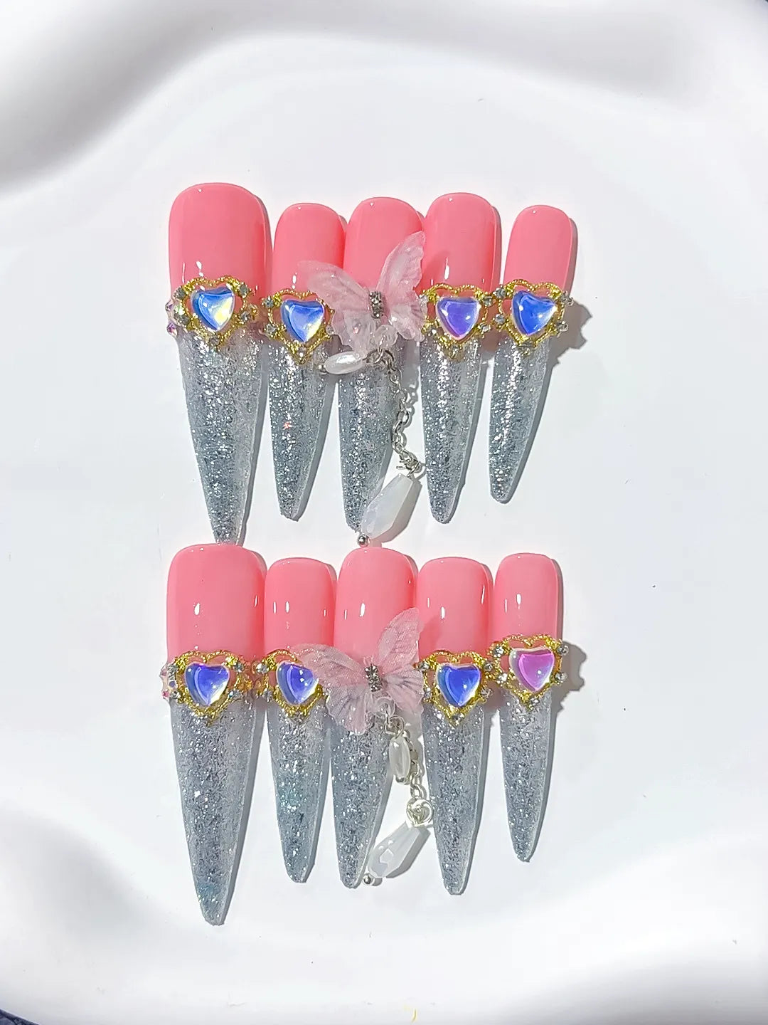 M089 - Long Pink Silver Stiletto Solid color Rhinestone Metallic Accent